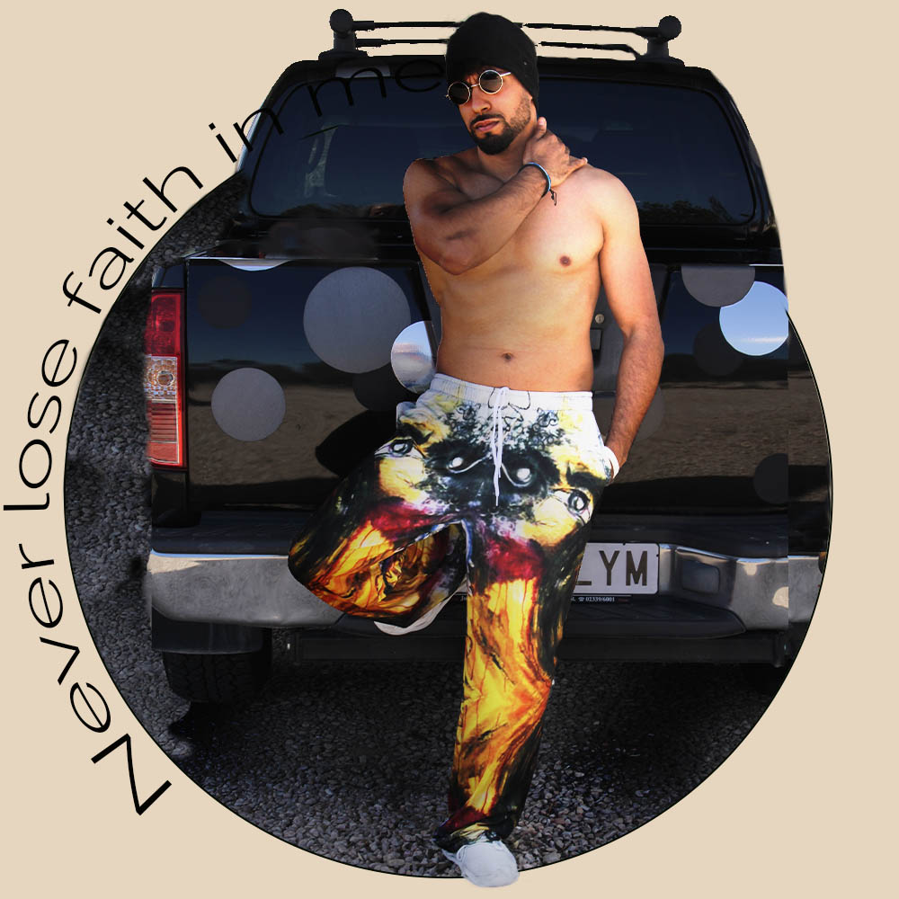 Image of front men's lounge pants with Art print "I'll never lose faith in me".